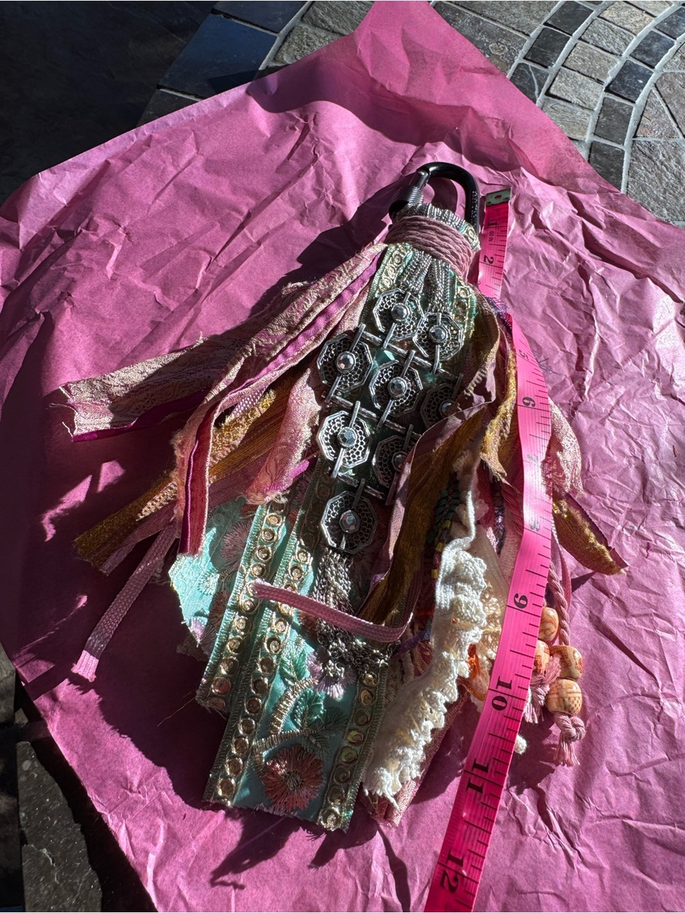 Boho Tassel Keychain Charm with Mixed Trim and Metal Accents - Pink + Mint